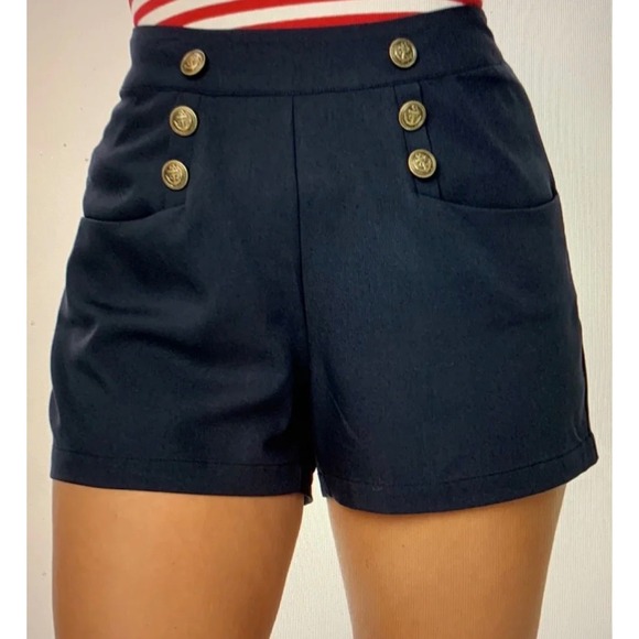 Unique Vintage Pants - Unique Vintage High Waist Sailor Debbie Shorts Navy Gold Buttons Size XL Pinup